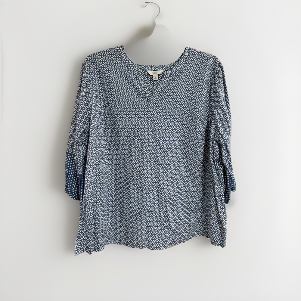 Croft & Barrow Women's Plus 3X Blue Geometric Split Sleeve Blouse Top 004